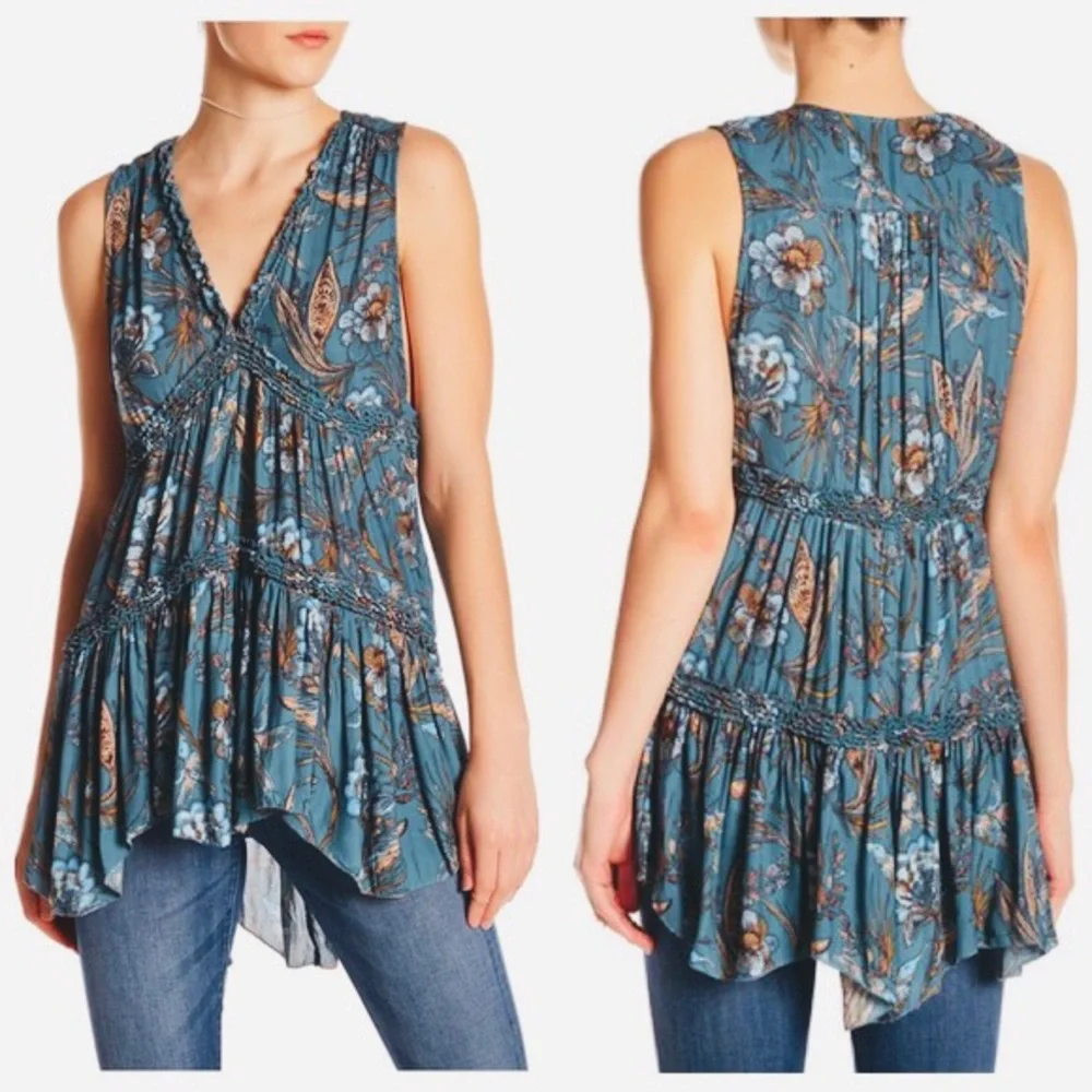 🌎Free People Floral Haze Hummingbird Turquoise Boho Tunic NWT~Small - Picture 8 of 13